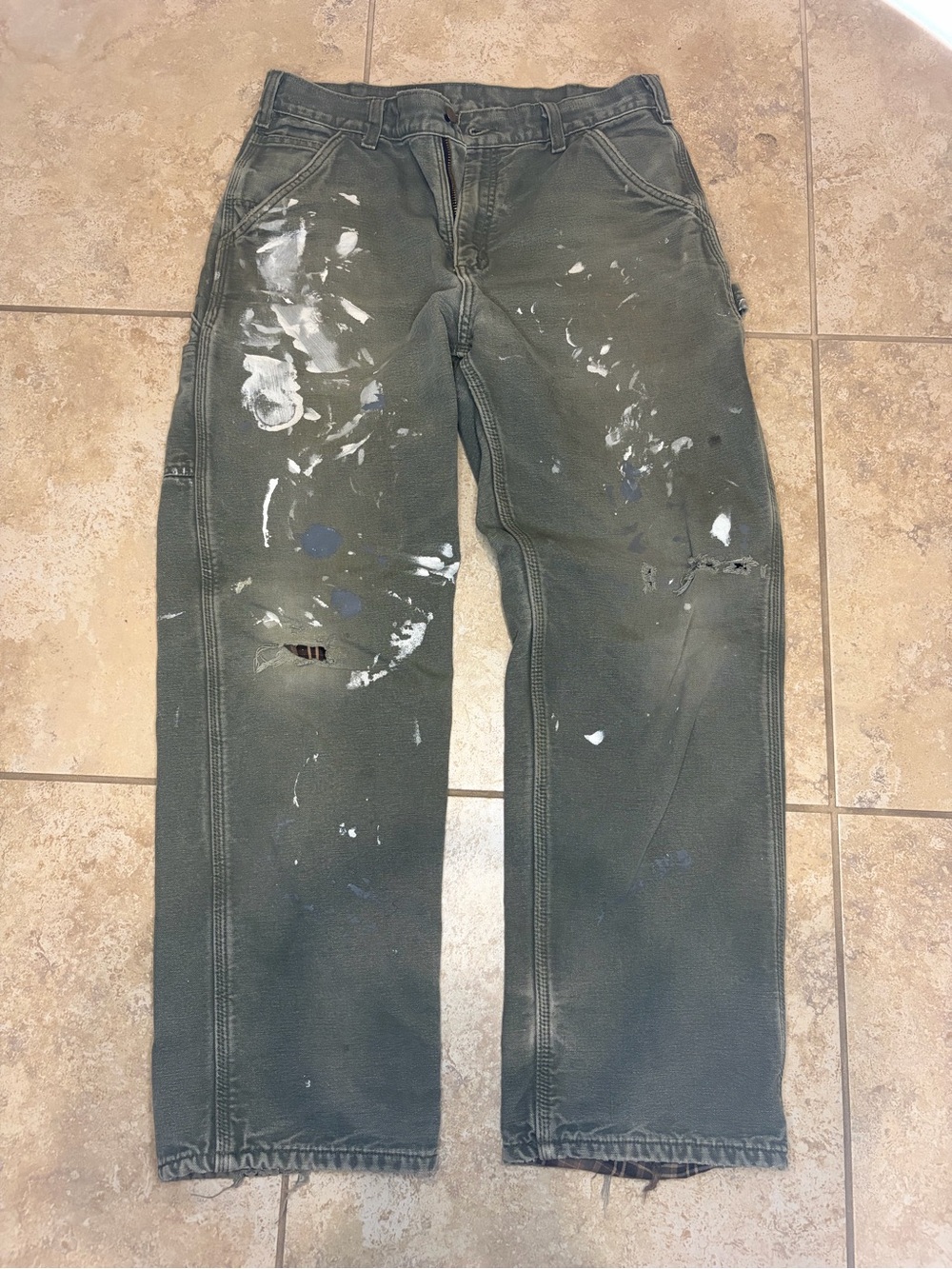 Carhartt Olive Green Cargo Work Pants with Paint Details - one of a kind